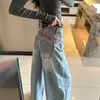 Jeans Americano Super Quente Estendido para Mulheres Altas Design Bordado Espada Outono Cintura Alta Calça Wide Leg Azul Claro