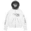 Sudadera con capucha y cremallera, de borde crudo desgastado, con estampado de letras góticas en cursiva, bolsillos dobles con cremallera, chaqueta cárdigan corta