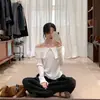 Tricô Brivin Estilo Coreano Azul Safira Uma Alça para Mulheres Outono 2025 Novo Look Emagrecedor Manga Longa Camisa Base Top