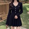 Vestido de Punto Negro de Manga Larga con Cuello en V Estilo Hepburn Francés para Mujer, Elegante y Femenino, Aspecto Adelgazante en la Cintura, Falda de Corte A de Alta Gama