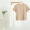 Traje de Pantalón Corto de Manga Corta de Algodón y Seda con Cuello Redondo para Mujer 2025 Camiseta Fresca Transpirable Elástica para Mujer Pantalón con Botones