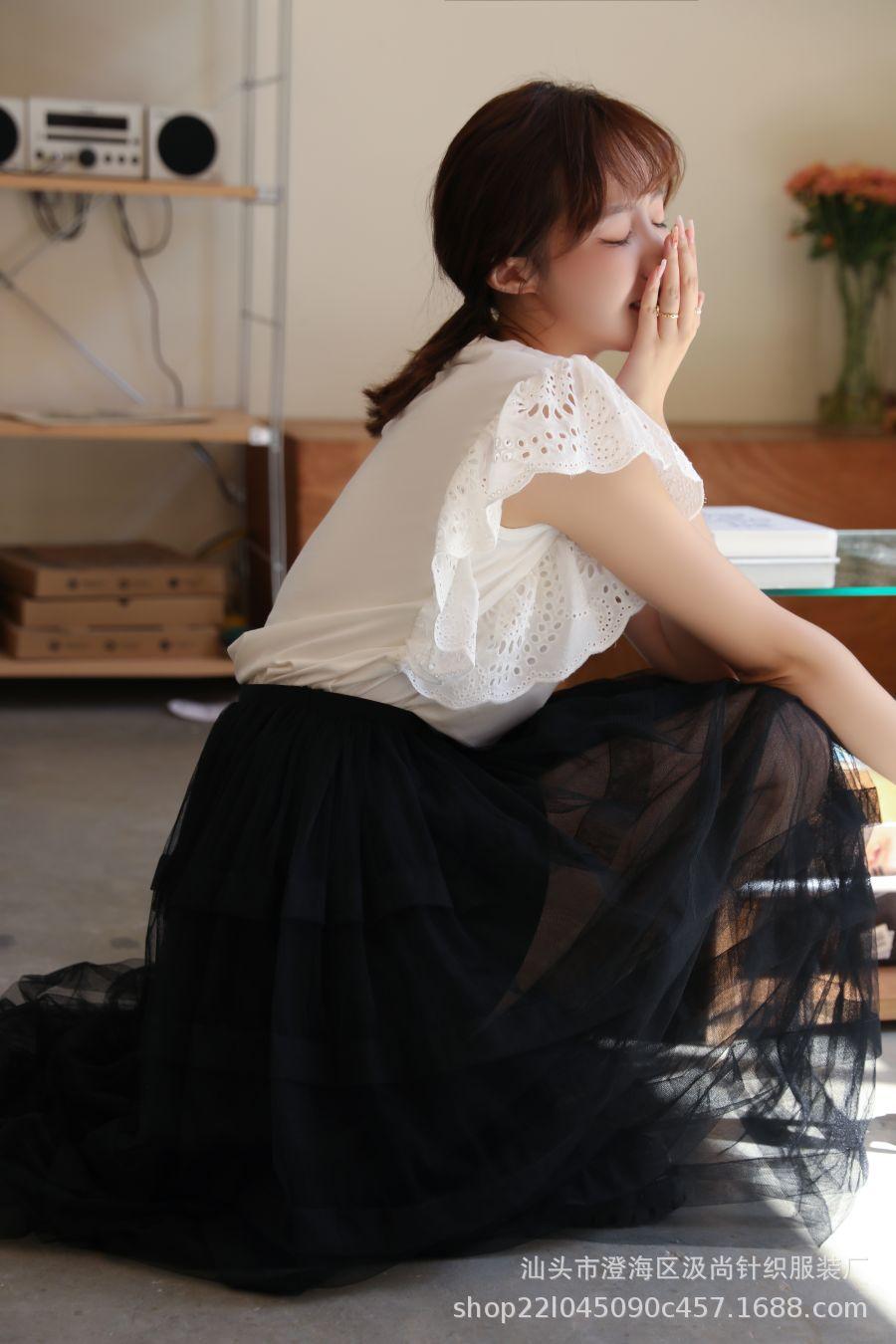 四季百搭秋季黑色黑天鹅纯色高腰网纱蓬蓬裙A字裙半身