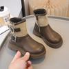 Botas Infantis de Cano Baixo Super Macias Outono e Inverno Botas de Couro para Meninas Estilo Princesa Botas Forradas com Lã Fivela de Cinto Botas Curtas para Meninos