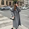 Elegante casaco de lã liso com gola de terno para mulheres, estilo coreano para primavera e outono, casaco de lã longo de abotoamento duplo, moderno