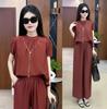 2025 Nuevo Estilo de Verano Petite Elegante Diseño Holgado Ajustado Tops de Manga Corta Pantalones de Pierna Ancha Traje de Dos Piezas para Mujer