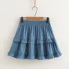 5920 Mini Falda de Mezclilla Tencel con Parches de Volantes de Doble Capa, Cintura Elástica Rota Retro, Falda Plisada para Mujer, Venta al por Mayor