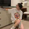 Estilo Coreano Retro Americano Estampa de Desenho Solta Estilo Bf Verão 2025 Novo Tamanho Grande Manga Curta Comprimento Médio Camiseta para Mulheres