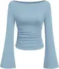 Camiseta canelada de manga flare, gola canoa, cor sólida, estilo europeu e americano para mulheres, coleção de outono, slim fit, plissada e que valoriza a silhueta, de manga longa