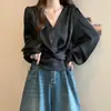 Roupa feminina plus size gordinha Cetim Ácido Acético Decote V Cintura Apertada Slim Fit Manga Longa Camisa Pulôver Camisa Pulôver Fina Top Feminino