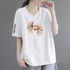 E-commerce Transfronteiriço Nova Camiseta de Manga Curta Estilo Chinês Feminina Solta Tamanho Plus Size Meninas Cheinhas Top para Cobrir a Barriga Escondendo Defeitos Emagrecedor Manga Meia Tendência