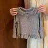 Moda Versátil Primavera Outono Novo Estilo Cinza Bolinhas Manga Longa Renda Top para Meninas Resistente a Manchas