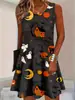 Vestido sin mangas con estampado de rosas y murciélagos de Halloween, estilo tinta oscura, minivestido tipo tank top de corte A holgado con cuello redondo