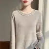 Suéter de Punto Hueco con Perlas de Alto Diseño Estilo Francés para Mujer, Suéter Pulóver Azul Claro, Cuello Redondo, Top Básico Holgado