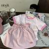 Ropa para Niños Ningli [Procesamiento y Personalización] Traje de Falda Rosa para Niñas de Verano con Camiseta de Manga Corta con Bloques de Color y Letras