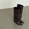 Primeiro Encontro Ji Bico Fino Fivela de Cinto de Metal Rebites Botas de Cowboy Ocidentais Retrô Salto Alto Cavaleiro Garota Picante Pernas de Bota Alta