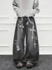 Jeans unisex de pierna ancha, diseño retro americano lavado transfronterizo, estampado, sueltos, casual, versátiles, de longitud completa