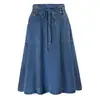Exclusivo Transfronteiriço para Temu Aliexpress Saia Jeans Casual Simples de Cor Sólida com Bolsos e Amarração na Cintura Feminina