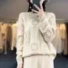 Suéter de Lana Pura para Mujer Cuello Redondo Tejido a Crochet Hecho a Mano Calado Suéter de Punto Holgado Estilo Perezoso Grueso Camiseta Base de Punto de Punto Moderno