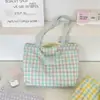 65159 Bolsa de Lona Xadrez Rosa e Branca com Alça Azul Clara, Estilo Casual para Passeio de Estudante, Bolsa de Ombro Artística