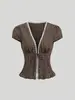 Blusa azul de cuello en V con mangas abullonadas para mujer, una camisa a rayas deslumbrante y elegante, perfecta para el verano.