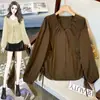 Camisa emagrecedora estilo francês com decote V, cordão franzido nas mangas compridas e design único