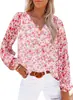 Nova Roupa Feminina Europeia e Americana Outono/Inverno Blusa de Chiffon com Decote V Manga Lanterna Feminina Camisa de Chiffon Floral com Estampa de Sangue