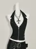 Colete Punk Y2K Gótico, Estilo de Rua Único e Fashion, Gola Alta (Halter), Gola Reversível, Zíper, Corte Justo, Top Curto Sexy Feminino