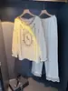 Pijama de dos piezas para mujer, estilo corte francés, con encaje bordado, cuello redondo, manga larga y pantalón largo, nuevo para otoño, casual, ropa de casa