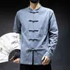 Traje Tang Estilo Chinês Masculino Algodão-Linho Camisa de Algodão-Linho Cor Sólida Roupa Chinesa Estilo Japonês Tamanho Grande Camisa de Linho para Homem