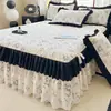 Saia de Cama Acolchoada de Renda Dupla Camada Estilo Francês Peça Única, Adequada para Todas as Estações, Saia Cobertura Grossa Estilo Gravata Conjunto de Três Peças