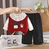 Roupa de Outono para Meninas 2026 Nova Moda Elegante Roupas Infantis para Primavera e Outono Colete Suéter para Bebê Conjunto de Três Peças