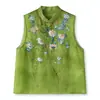 Chaleco Satinado de Organza Verde con Bordado Pesado Estilo Nacional para Mujer, Top Tang Suit Chino Nuevo de Verano Súper Elegante