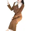 Traje retro de pana francés para mujer Otoño Contraste Cuello de muñeca Chaqueta corta Ajustada Vestido de longitud media Conjunto de dos piezas