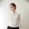 Suéter Novo de Caxemira Pura Outono e Inverno Feminino Gola Polo Tricotado Camisa Básica Pulôver Solto Suéter de Manga Longa Top com Lapela