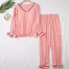 Venda Direta da Fábrica conjunto de 2 peças para mulheres, gola V, manga longa, calça com bojo, fino, solto, roupa de casa, pijama de cor sólida para mulheres