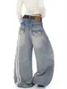 Jeans de retazos a rayas desgastados estilo retro americano con orejas de gato, diseño unisex, pantalones holgados de pierna ancha