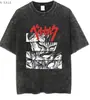 Tamanho Europeu Transfronteiriço Camiseta Masculina de Manga Curta Lavada Vintage Desenho Animado Anime Estilo Dark High Street Europeu e Americano Camiseta Curta Masculina