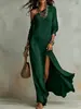 Vestido de Vacaciones Bohemio de Un Hombro y Manga Larga con Pliegues Texturizados y Abertura Alta, Fluido y Elegante