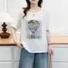 Nova camiseta de algodão de verão para mulheres, manga curta, plus size, com estampa de balão de ar quente com strass, top casual franzido para mulheres, moderno