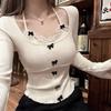 Camiseta de punto de manga larga con cuello halter de encaje de dos piezas falsas para mujer 2025 Otoño Dulce Sexy Top Corto con Lazo y Almohadillas en el Pecho