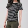 Camiseta Feminina Retro Americana Listrada de Manga Curta e Um Ombro Só, Novo Estilo de Verão, Cintura Irregular Ajustável, Slim Fit, Top Tomara-que-Caia
