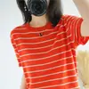 Camiseta de algodón puro a rayas con cuello redondo y dobladillo enrollado de manga corta, estilo coreano versátil, nuevo top casual holgado de verano 2026 para mujer