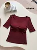 Top de Polka Dot Dulce y Picante con Cuello en U Grande y Almohadillas en el Pecho para Mujer Manga Siete Ajustado Retro Camiseta Base Se Puede Usar por Dentro o por Fuera No Necesita Sujetador