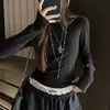 Camisa base de punto para mujer, cuello redondo pequeño, cintura abotonada, con paneles, para usar como prenda interior o exterior, con un tacto de alta gama, color liso, corte ajustado