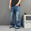 Jeans de Pierna Recta Lavados Retro Americanos de Marca de Moda para Hombre Pierna Recta Holgada Corte Limpio Pantalones Simples con Patrón de Rayo