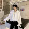 Camisa de Manga Larga con Cuello Retro de Puño Fruncido y Cordón para Hombre y Mujer Popular en Internet Europeo y Americano Distintiva Camisa de Corte Moderna