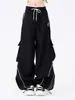 Calça Jogger Preta com Cordão Perna Larga Solta Casual Workwear Bolso com Aba Calça de Moletom Feminina Tendência Primavera Hip-Hop Comprimento Total
