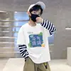 Linda Moda Dibujos Animados Estampado Algodón Puro Falso Dos Piezas Camiseta para Bebés Niños 2026 Otoño Manga Larga
