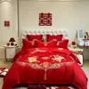 Dragón y Fénix Agradable para la Piel Lavable Algodón Boda Juego de Cuatro Piezas Boda Rojo Grande Estilo Chino Sábana Plana Sábana Ajustable Colcha de Boda Matrimonio Habitación de Boda Ropa de Cama