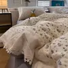 Juego de Cuatro Piezas de Gasa de Algodón Acolchado de Doble Capa con Encaje Francés, Suave y Cómodo para Dormir, Juego de Ropa de Cama de Tres Piezas para Dormitorio de Estudiantes, Sábana y Funda de Edredón